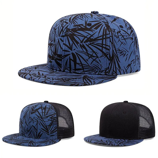 Bamboo Leaf Print Trucker Cap – Breathable Mesh Snapback Hat