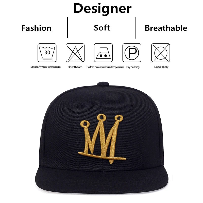 Crown Embroidered Flat Brimmed Snapback – Hip-Hop Street Baseball Cap