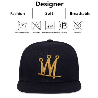 Crown Embroidered Flat Brimmed Snapback – Hip-Hop Street Baseball Cap