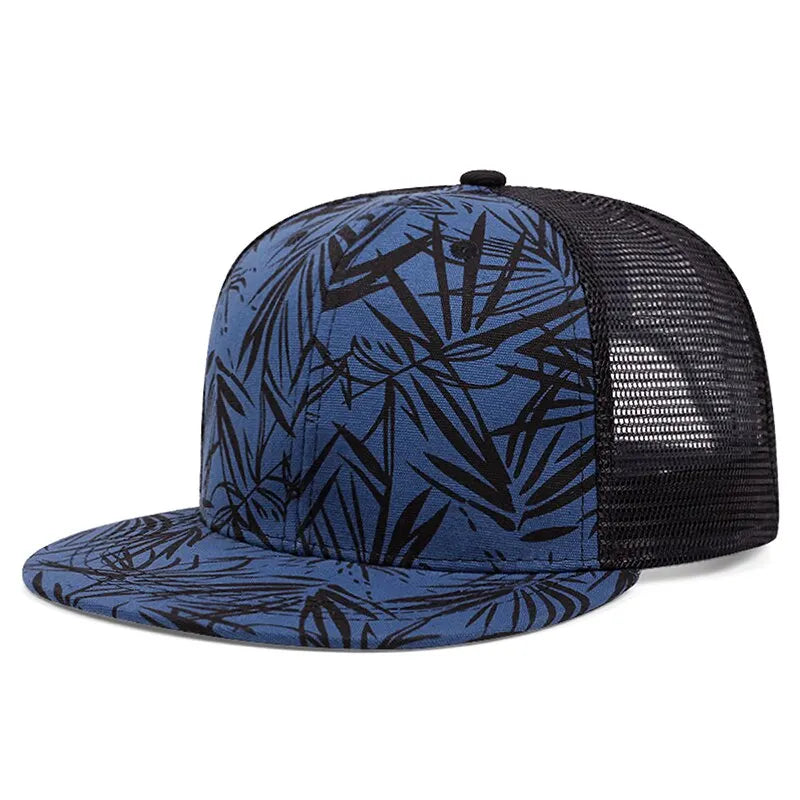 Bamboo Leaf Print Trucker Cap – Breathable Mesh Snapback Hat