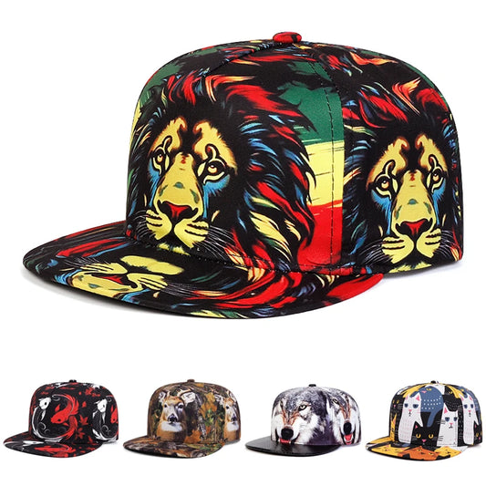 Colorful Lion Print Flat Brim Hat – Streetwear Hip Hop Snapback Cap