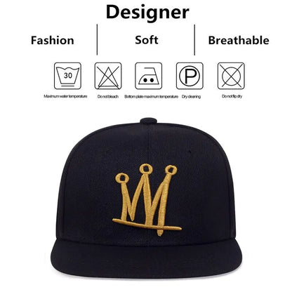Crown Embroidered Flat Brimmed Snapback – Hip-Hop Street Baseball Cap